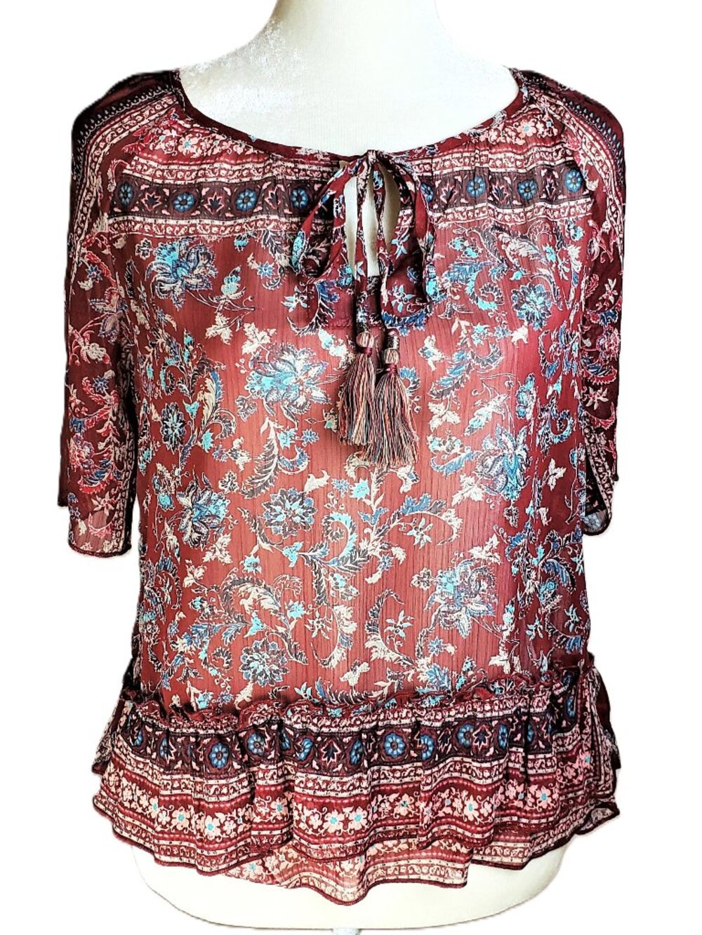 Knox Rose Peasant Blouse Womens XS Mulled Wine Floral Short Sleeve NWT Sheer